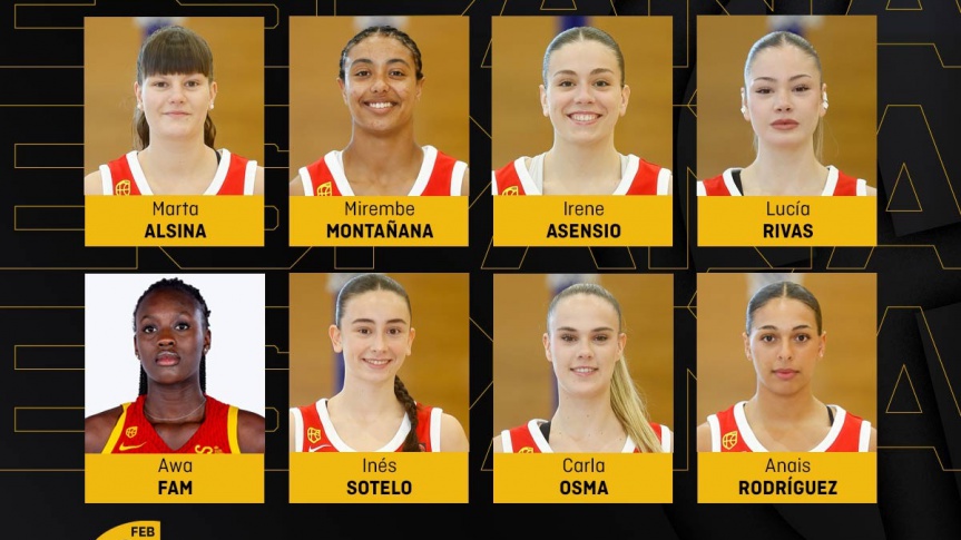 Fam, Rivas, Twehamye i l'entrenadora ajudant Glòria Estopà, a l'Eurobasket U18F